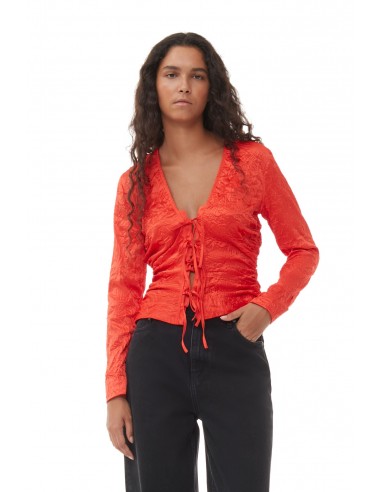 Ganni - Crinkled Satin V-Neck Shirt solde